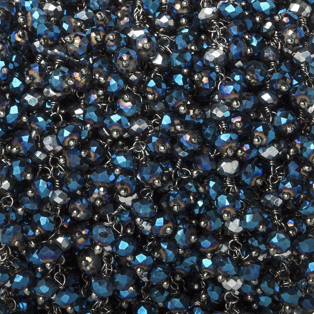 4mm Metallic Aegean Blue Crystal rondelle Black Dangling Chain by the foot 95 beads - The Bead Traders