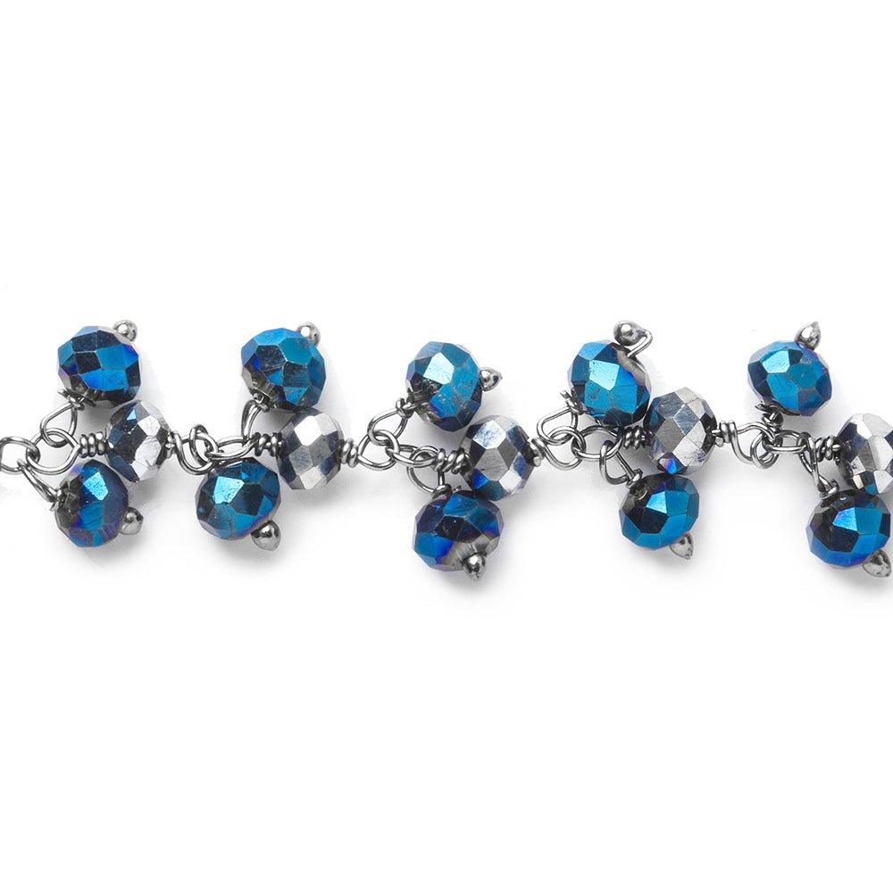 4mm Metallic Aegean Blue Crystal rondelle Black Dangling Chain by the foot 95 beads - The Bead Traders