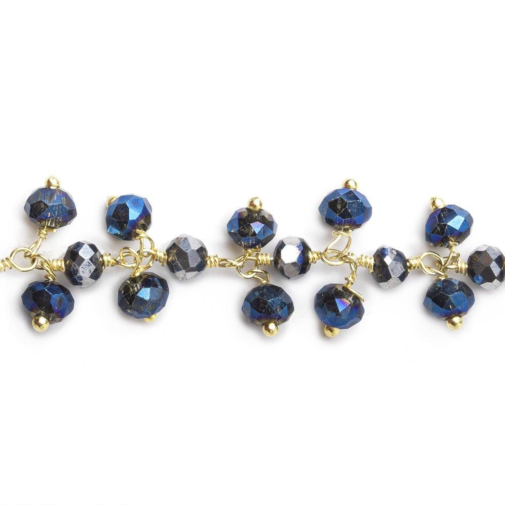 4mm Metallic Aegean Blue Crystal rondelle Gold Dangling Chain by the foot 95 beads - The Bead Traders