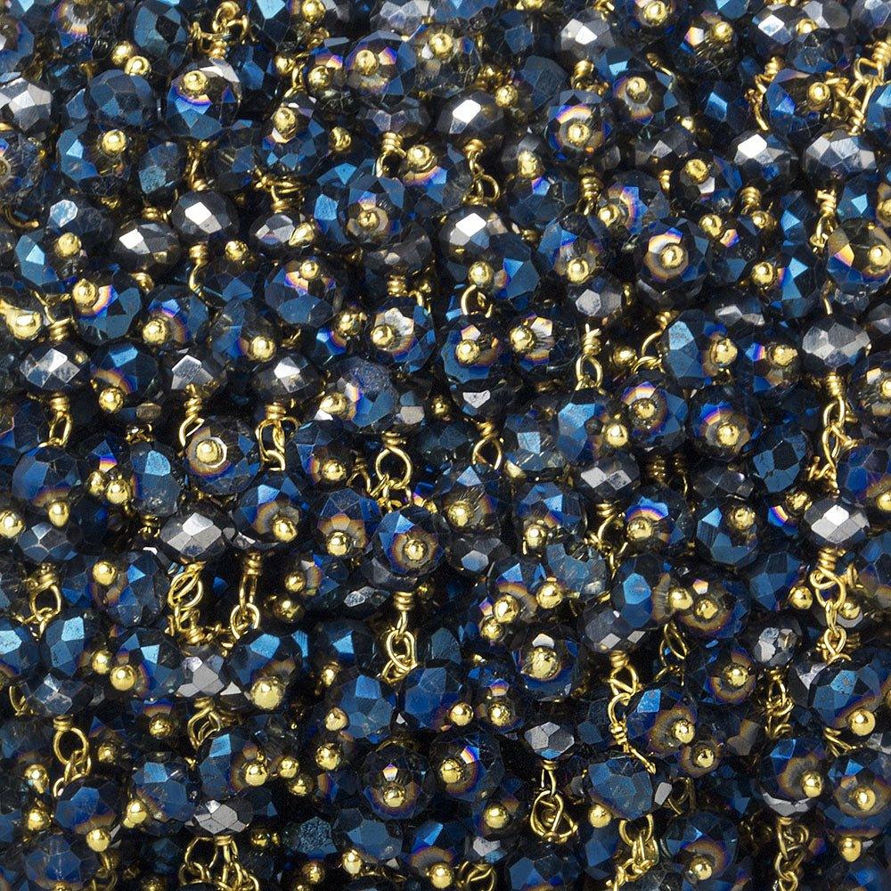 4mm Metallic Aegean Blue Crystal rondelle Gold Dangling Chain by the foot 95 beads - The Bead Traders