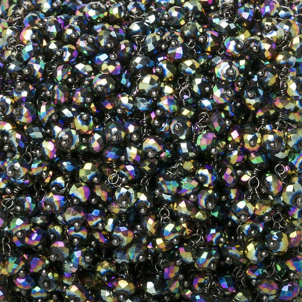 4mm Metallic Peacock Crystal rondelle Black Dangling Chain by the foot 95 beads