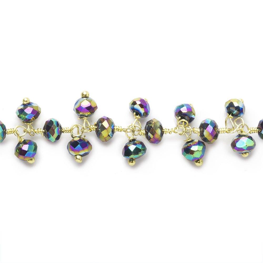 4mm Metallic Peacock Crystal rondelle Gold Dangling Chain by the foot 95 beads - The Bead Traders