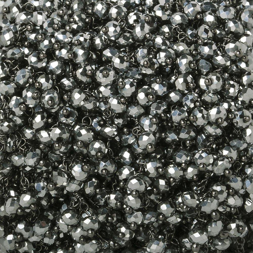 4mm Metallic Silver Crystal rondelle Black Dangling Chain by the foot 95 beads - The Bead Traders