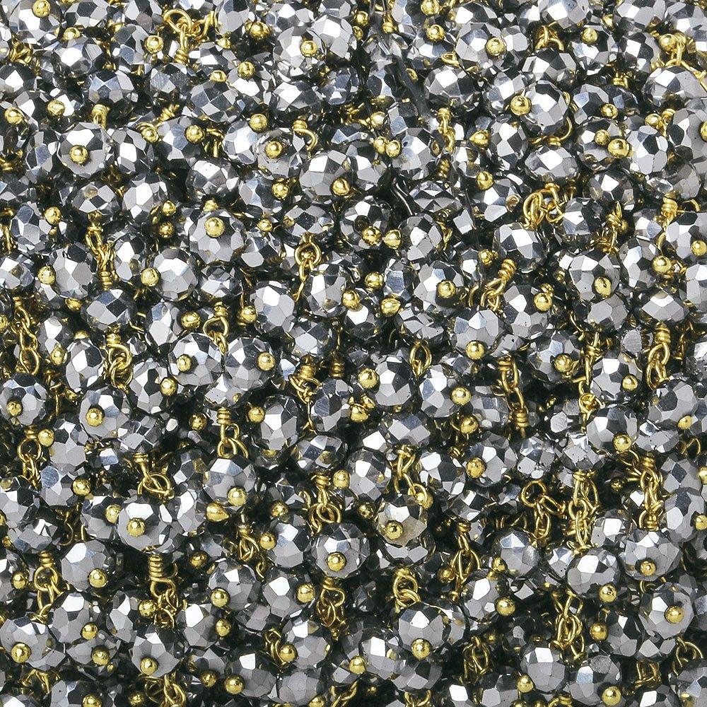 4mm Metallic Silver Crystal rondelle Gold Dangling Chain by the foot 95 beads - The Bead Traders