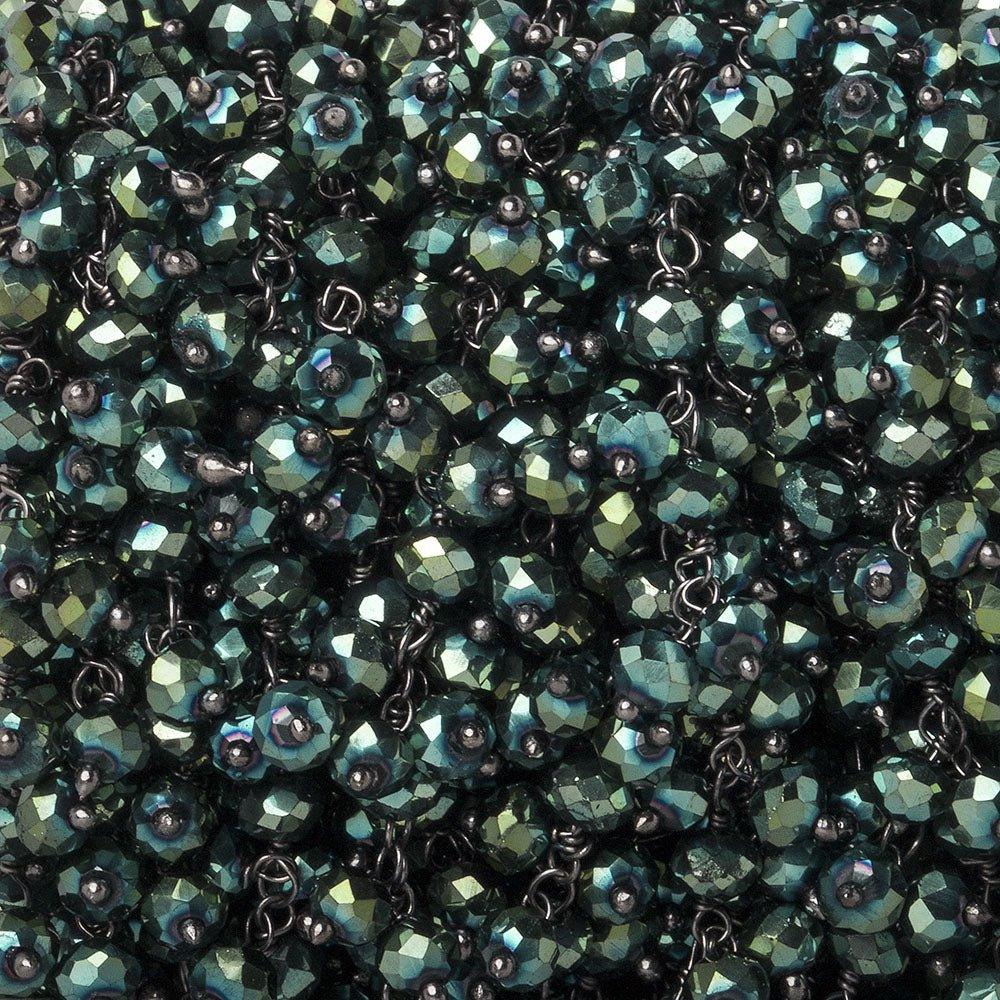 4mm Metallic Teal Crystal rondelle Black Dangling Chain by the foot 95 beads - The Bead Traders