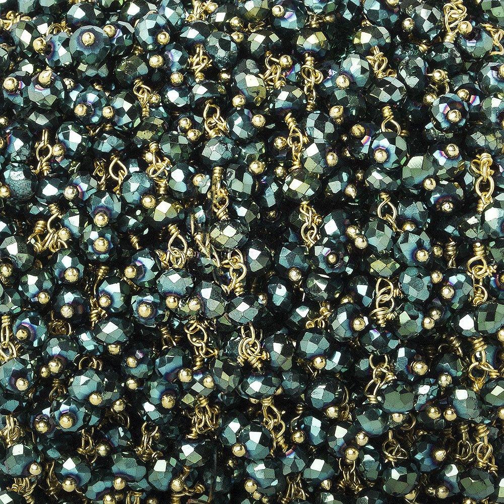 4mm Metallic Teal Crystal rondelle Gold Dangling Chain by the foot 95 beads - The Bead Traders