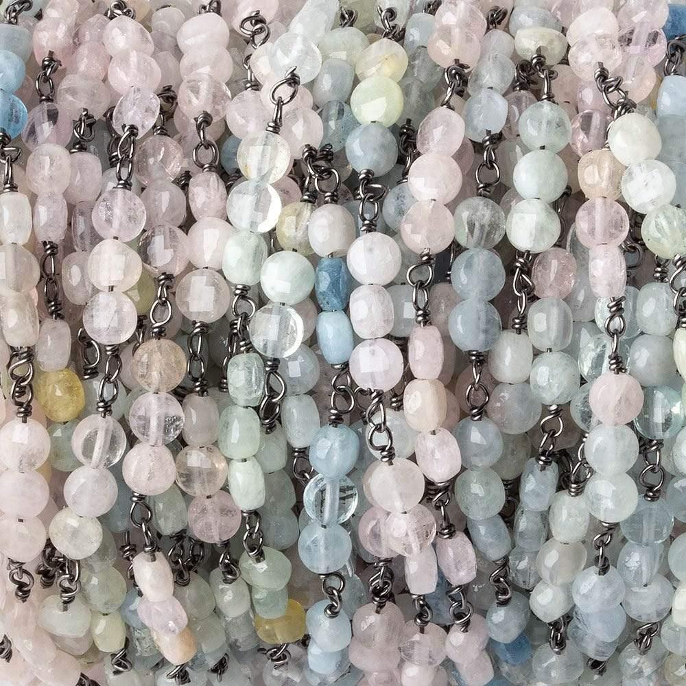 4mm Multi Color Beryl faceted coin Trio Black Gold Chain 54 pieces - The Bead Traders