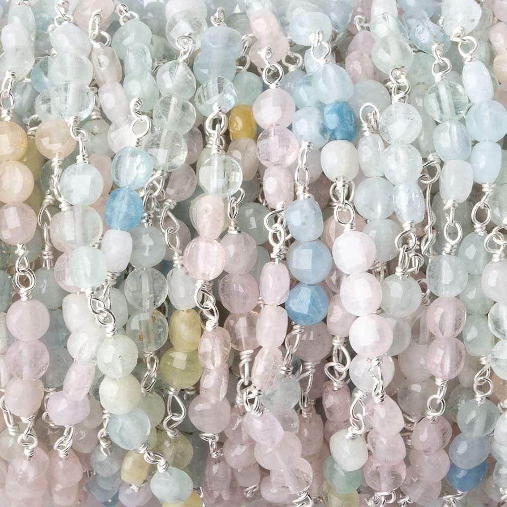 4mm Multi Color Beryl faceted coin Trio Silver Chain 54 pieces - The Bead Traders