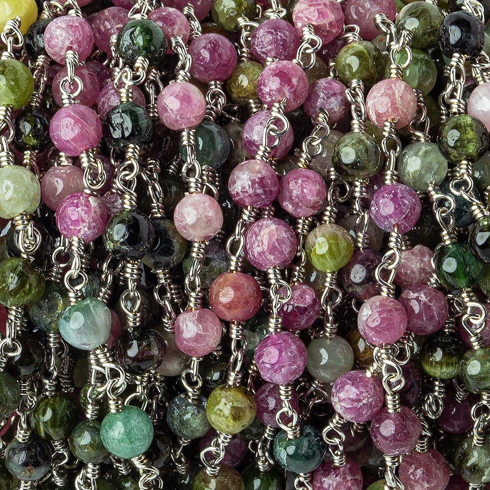 4mm Multi Color Tourmaline Plain Round Silver plated Chain by the foot 29 pieces - The Bead Traders