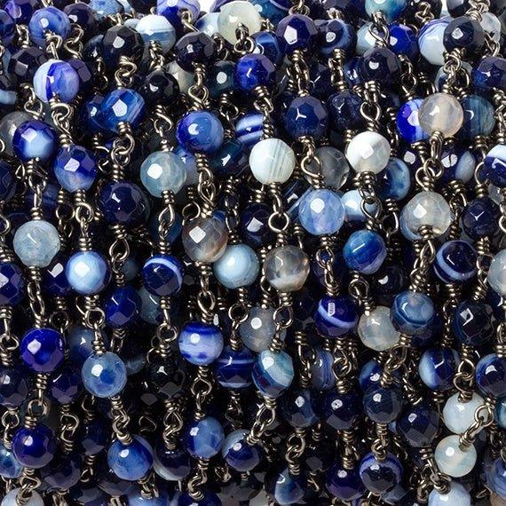4mm Periwinkle Blue Banded Agate Black Gold plated Chain by the foot 32 beads - The Bead Traders
