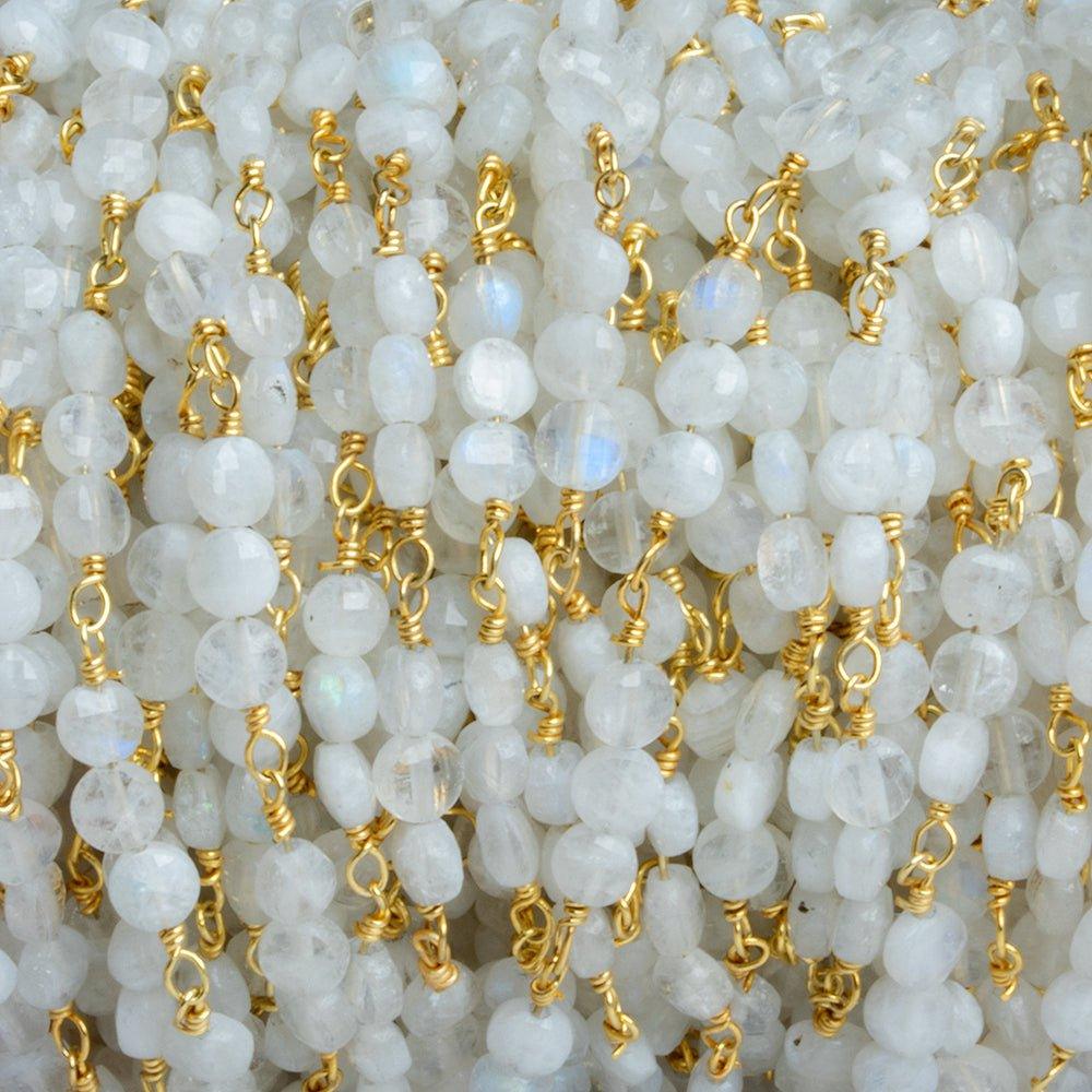 4mm Rainbow Moonstone faceted coin Trio Gold Chain 54pcs - The Bead Traders