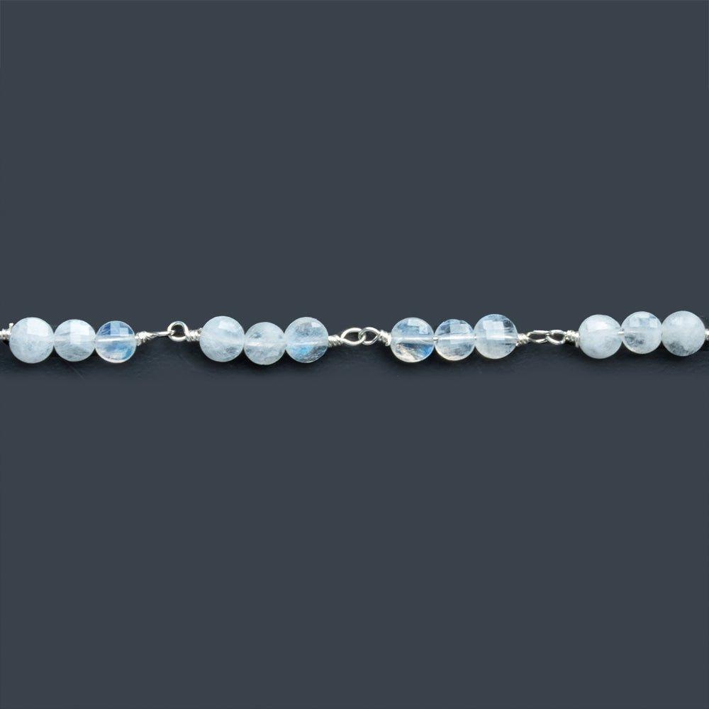 4mm Rainbow Moonstone faceted coin Trio Silver Chain 54pcs - The Bead Traders