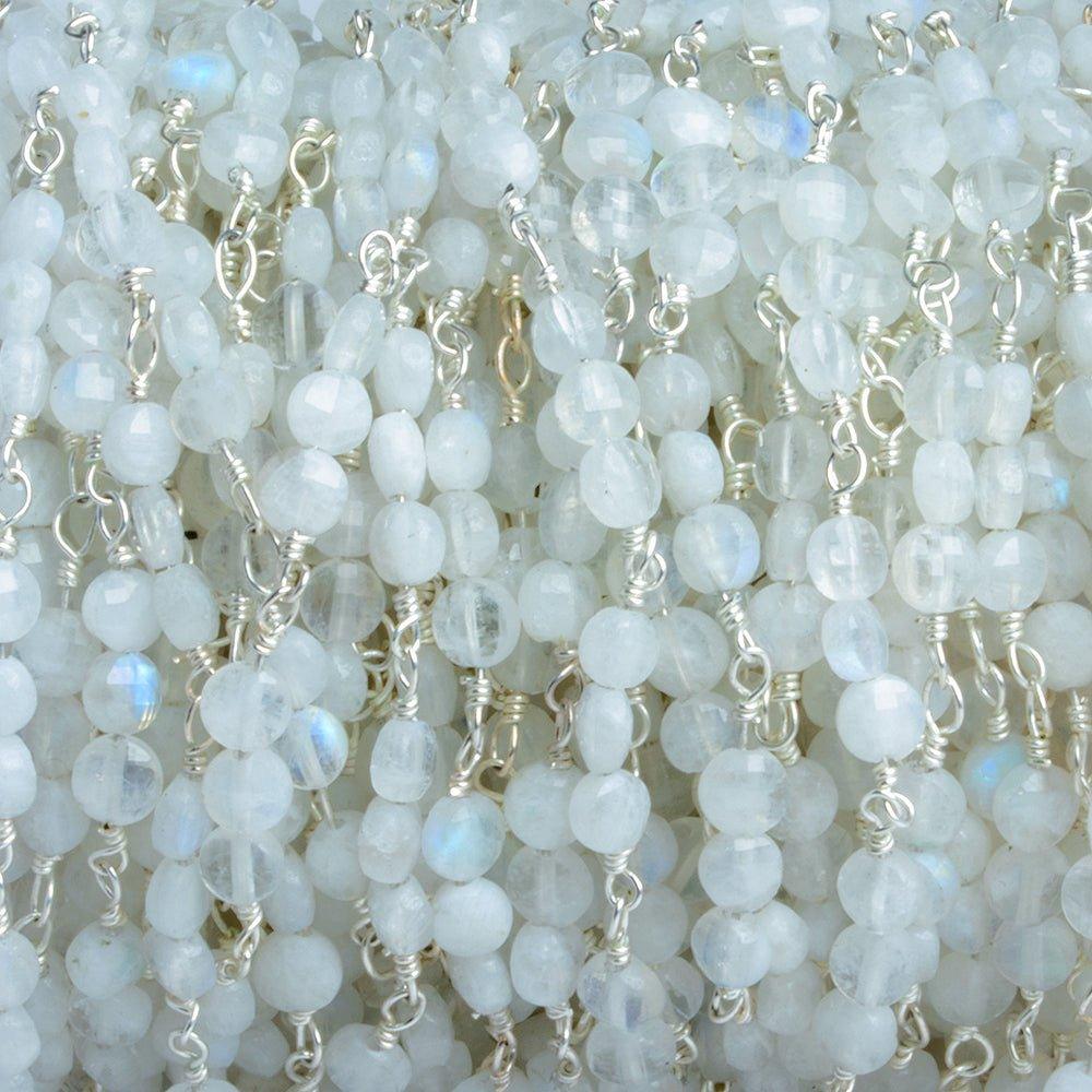 4mm Rainbow Moonstone faceted coin Trio Silver Chain 54pcs - The Bead Traders