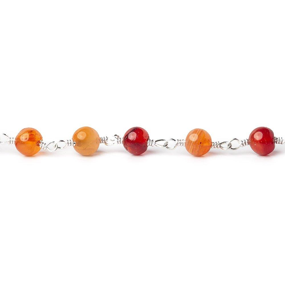 4mm Shaded Carnelian plain rounds Silver plated Wire Wrapped Chain - The Bead Traders