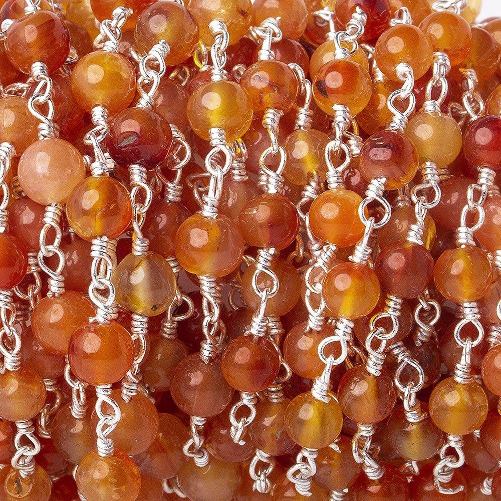 4mm Shaded Carnelian plain rounds Silver plated Wire Wrapped Chain - The Bead Traders