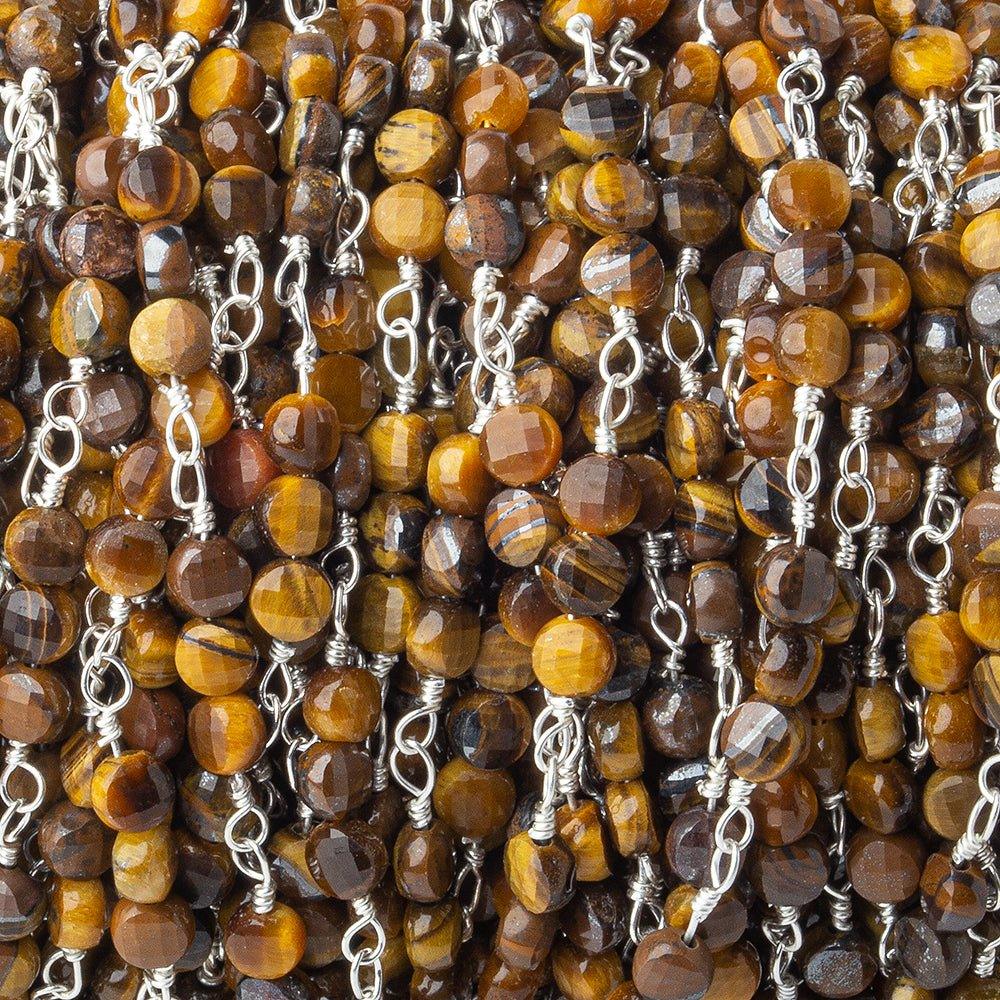 4mm Tiger's Eye faceted coin Trio Chain by the foot 54 beads per length - The Bead Traders