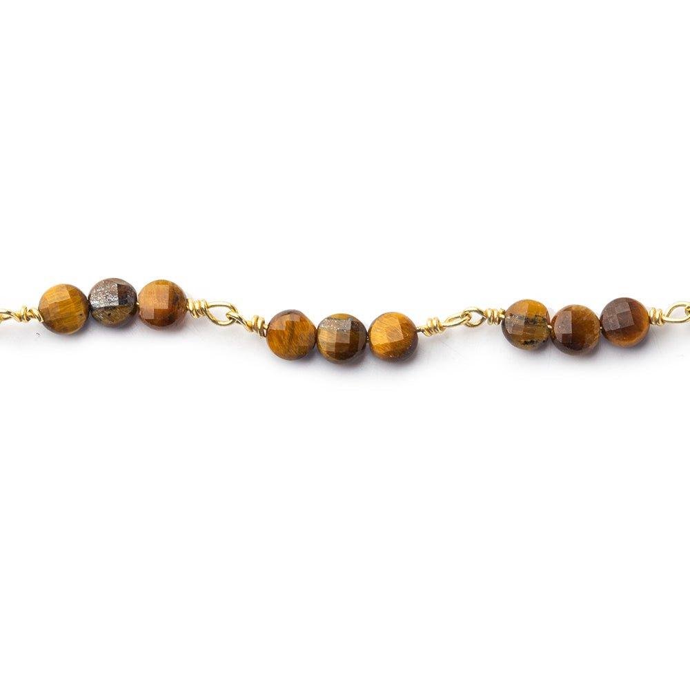 4mm Tiger's Eye faceted coin Trio Gold Chain by the foot 54 beads per length - The Bead Traders