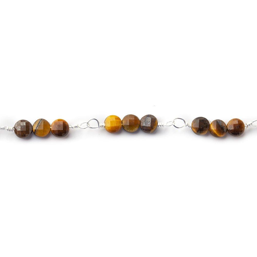 4mm Tiger's Eye faceted coin Trio Silver Chain by the foot 54 beads per length - The Bead Traders