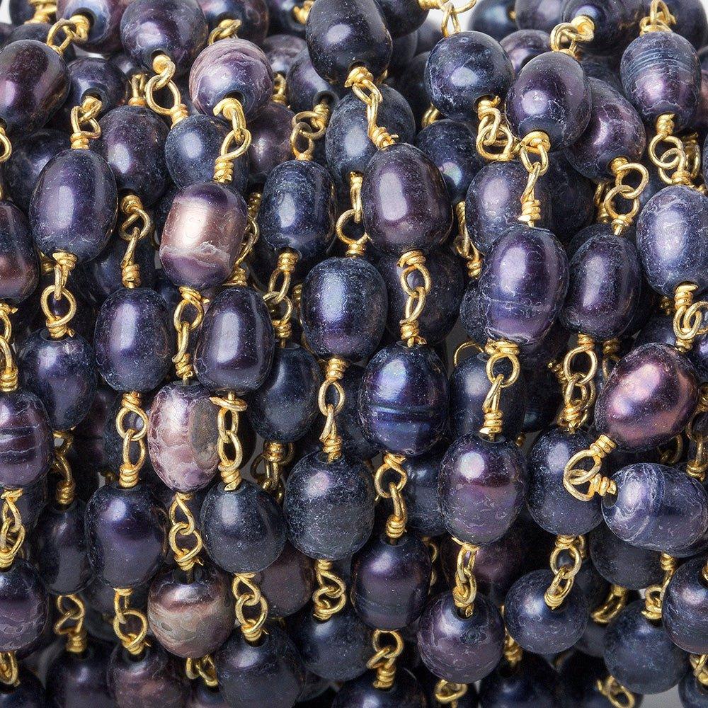 4x6-5x6mm Matte Shaded Violet oval freshwater pearl Gold Chain by the foot 28 pcs - The Bead Traders