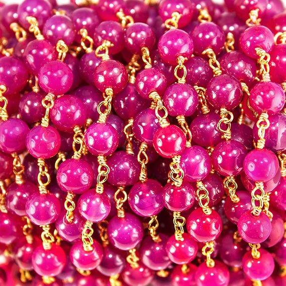 5-6.5mm Hot Pink Chalcedony plain round Gold Chain by the foot 28 pcs