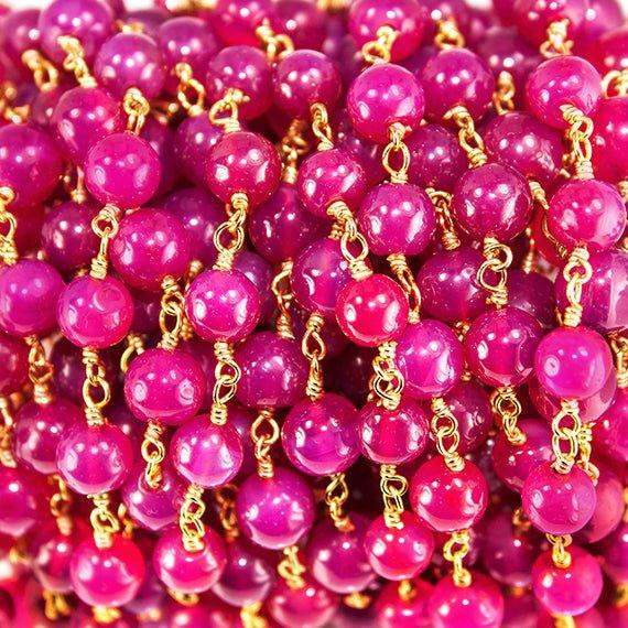 5-6.5mm Hot Pink Chalcedony plain round Gold Chain by the foot 28 pcs - The Bead Traders