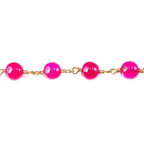 5-6.5mm Hot Pink Chalcedony plain round Gold Chain by the foot 28 pcs - The Bead Traders