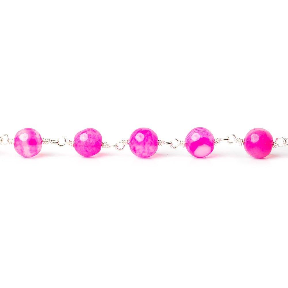 5-6mm Hot Pink Chalcedony plain round Silver plated Chain by the foot - The Bead Traders