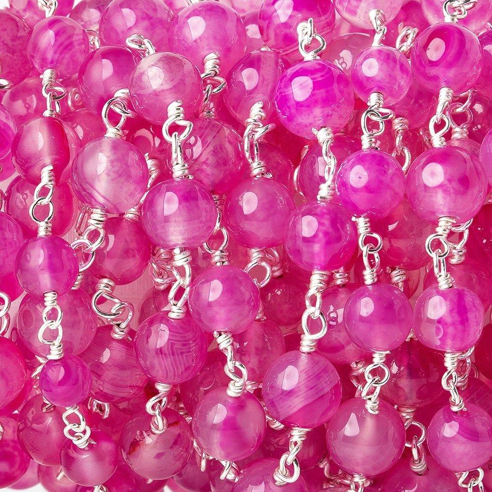 5-6mm Hot Pink Chalcedony plain round Silver plated Chain by the foot - The Bead Traders