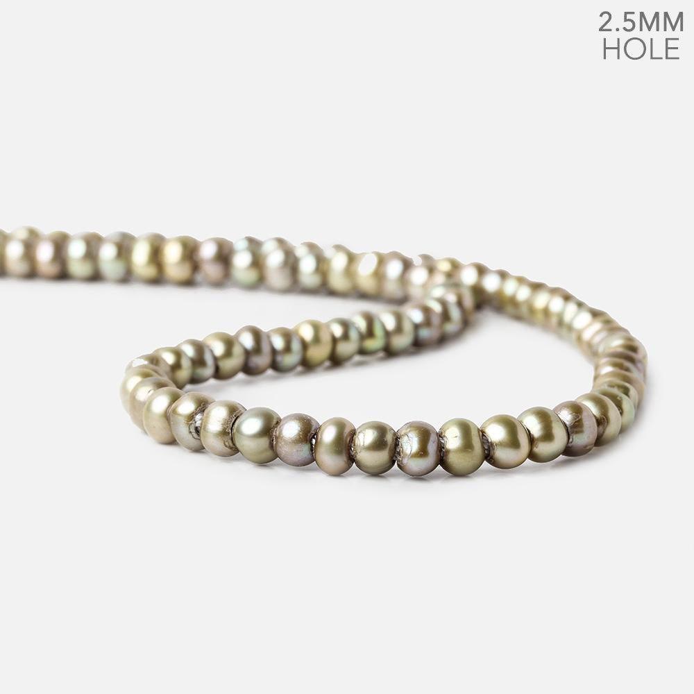 5-6mm Silver Sage Green 2.5mm Large Hole Off Round Pearls 15 inch 94 pieces - The Bead Traders