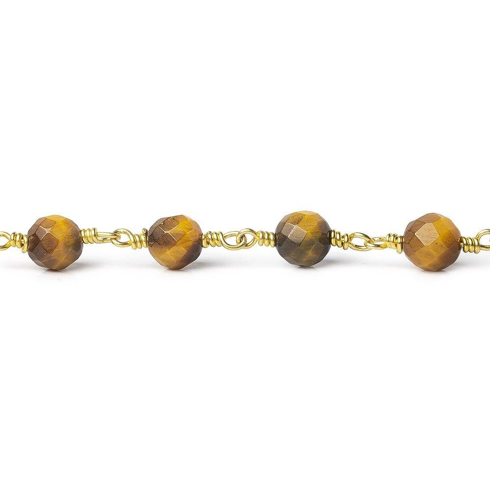 5-6mm Tiger's Eye Faceted Round Gold plated Chain by the foot - The Bead Traders
