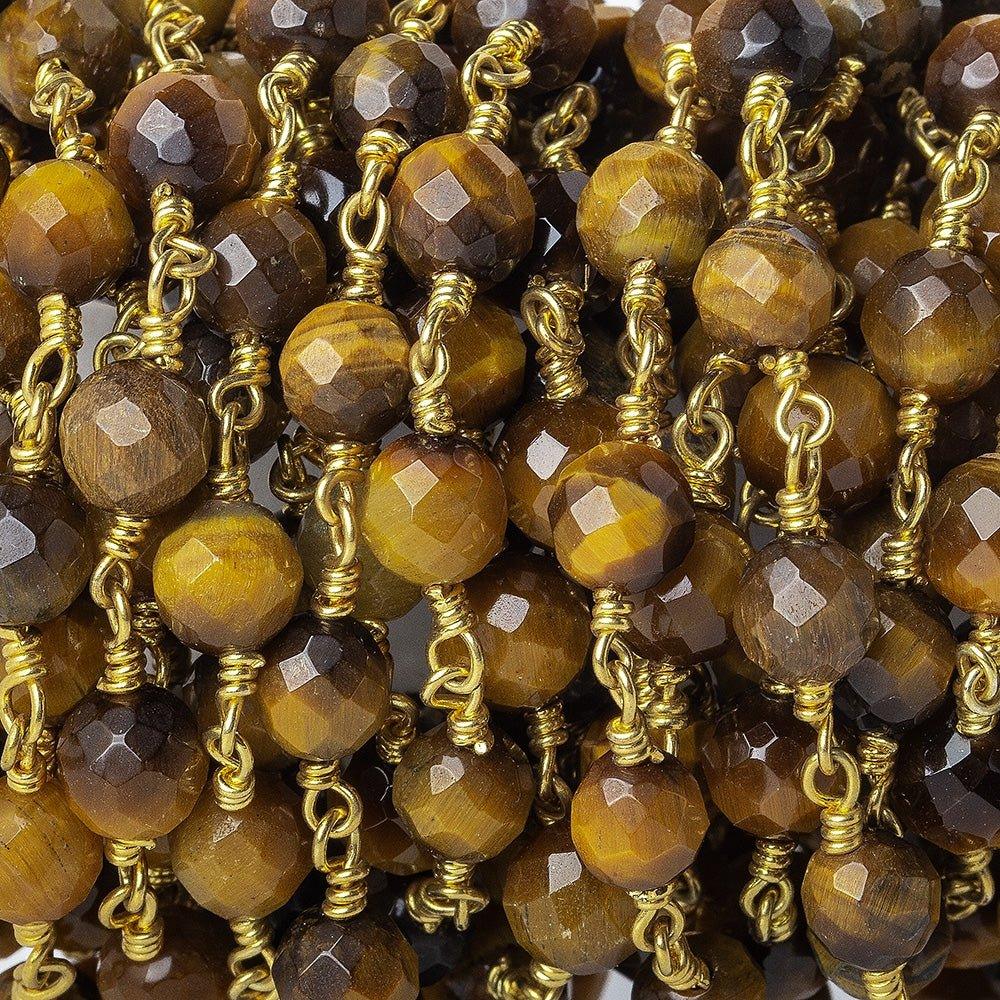 5-6mm Tiger's Eye Faceted Round Gold plated Chain by the foot - The Bead Traders