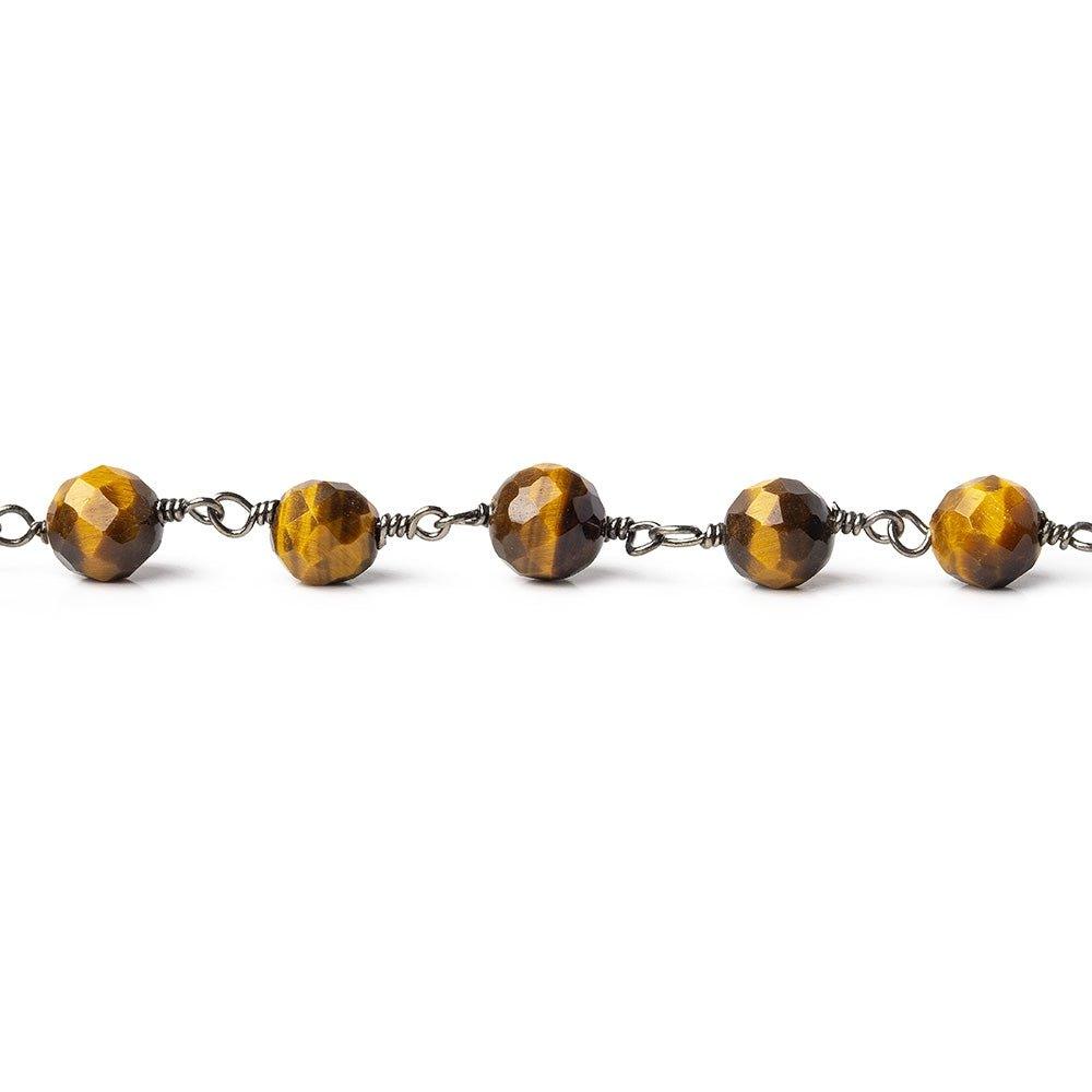 5.5-6mm Tiger's Eye Faceted Round Black Gold plated Chain by the foot - The Bead Traders