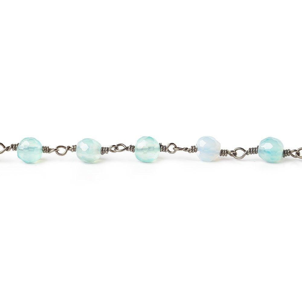 5.5mm Seafoam Blue Green Agate faceted round Black Gold plated Chain by the foot 23 pieces - The Bead Traders