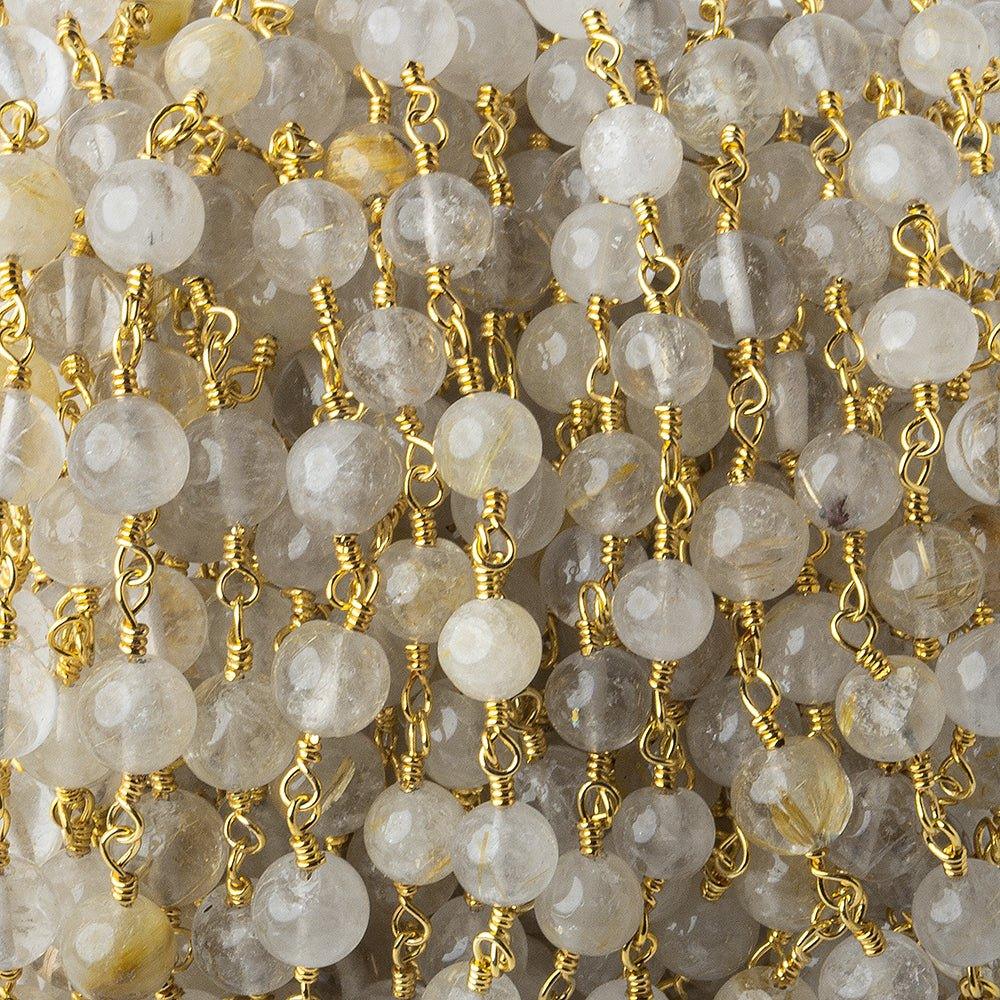 5mm-6mm Rutilated Quartz Plain Rounds Gold plated Chain by the foot 25 pieces - The Bead Traders
