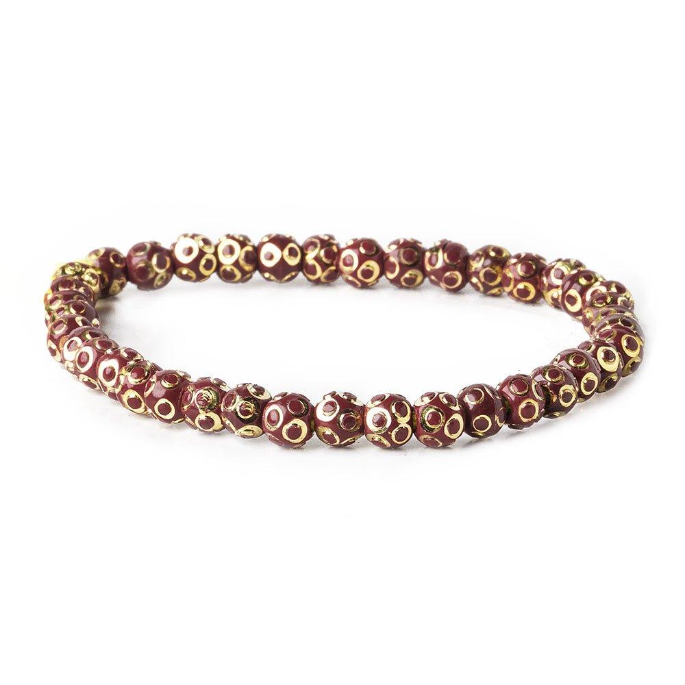 5mm Burgundy Enamel Diamond Cut Brass Rounds Beads, 8 inch - The Bead Traders