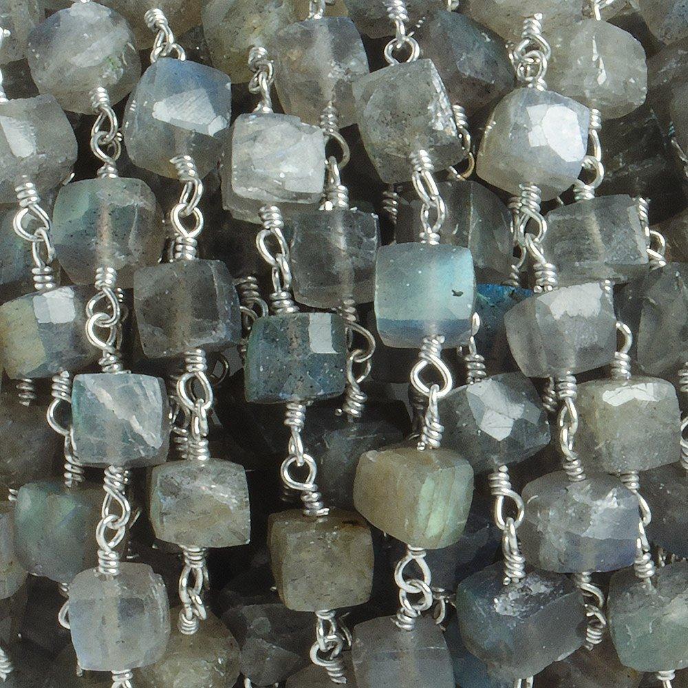 5mm Labradorite faceted cube Silver plated Chain by the foot with 28 pieces - The Bead Traders