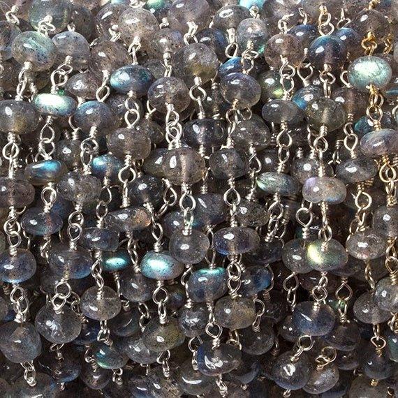 5mm Labradorite plain rondelle Silver Wire Wrapped Chain by foot 36 pieces - The Bead Traders