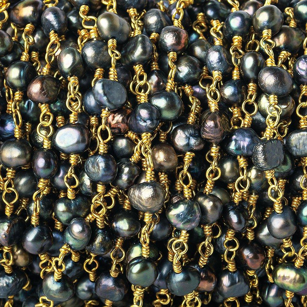 5x4mm Peacock Baroque Freshwater Pearl Gold plated Chain by the foot 28 pieces - The Bead Traders