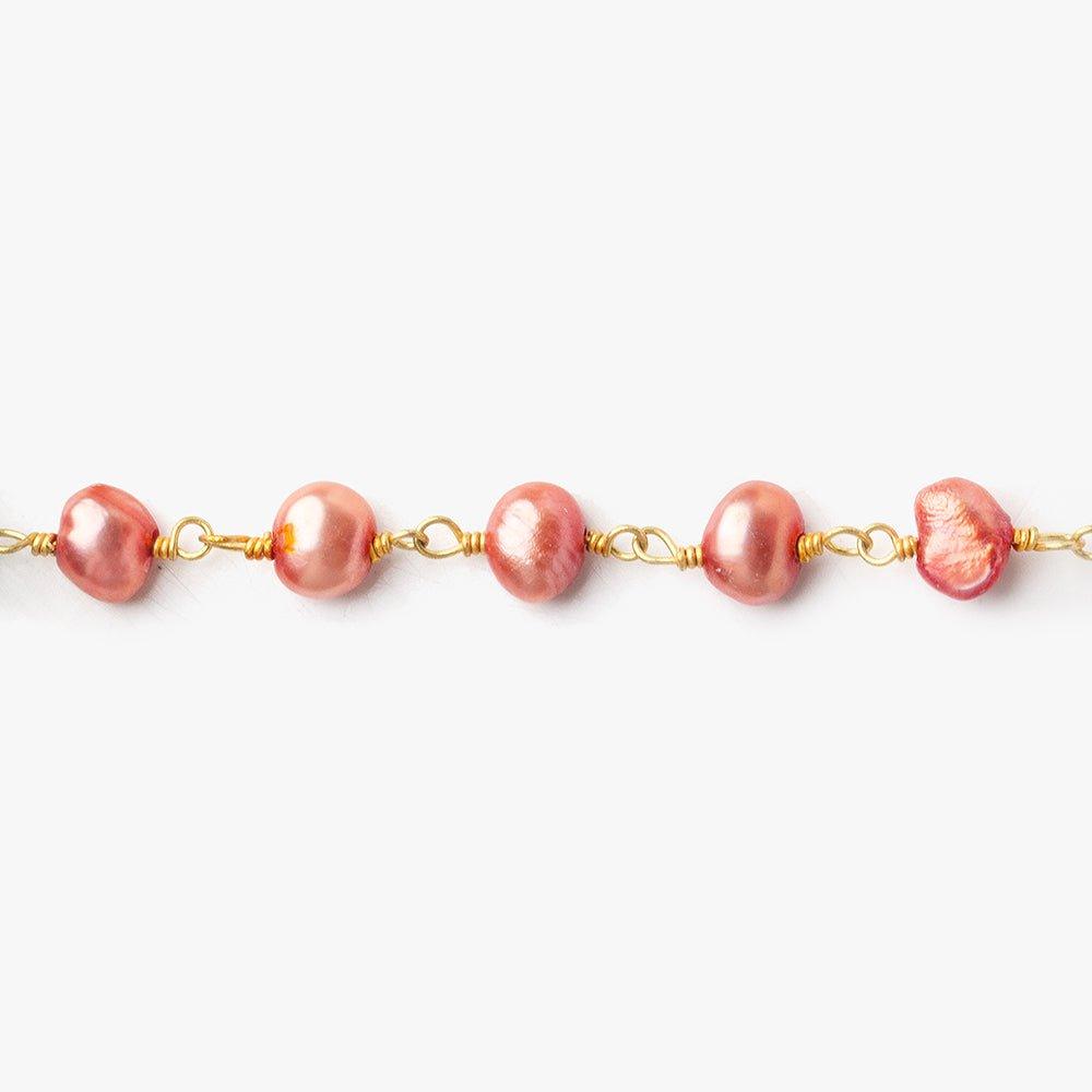 5x4mm Salmon Pink Baroque Freshwater Pearl Gold plated Chain by the foot 31 pieces - The Bead Traders