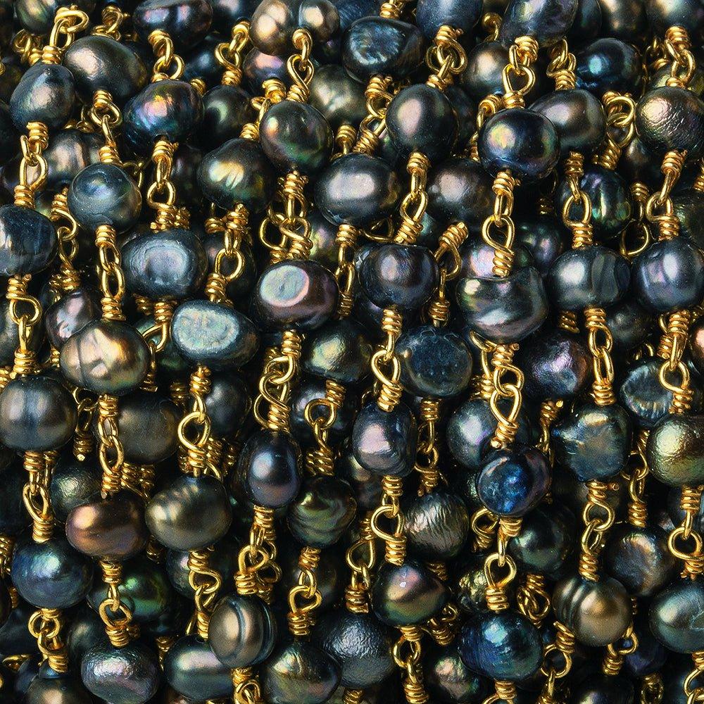 5x5-6x4mm Peacock Baroque Freshwater Pearl Gold plated Chain by the foot 28 pieces - The Bead Traders