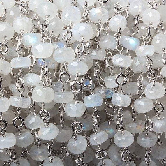 6.5-7.5mm Rainbow Moonstone rondelle Linked Silver Chain by the foot 24 beads - The Bead Traders