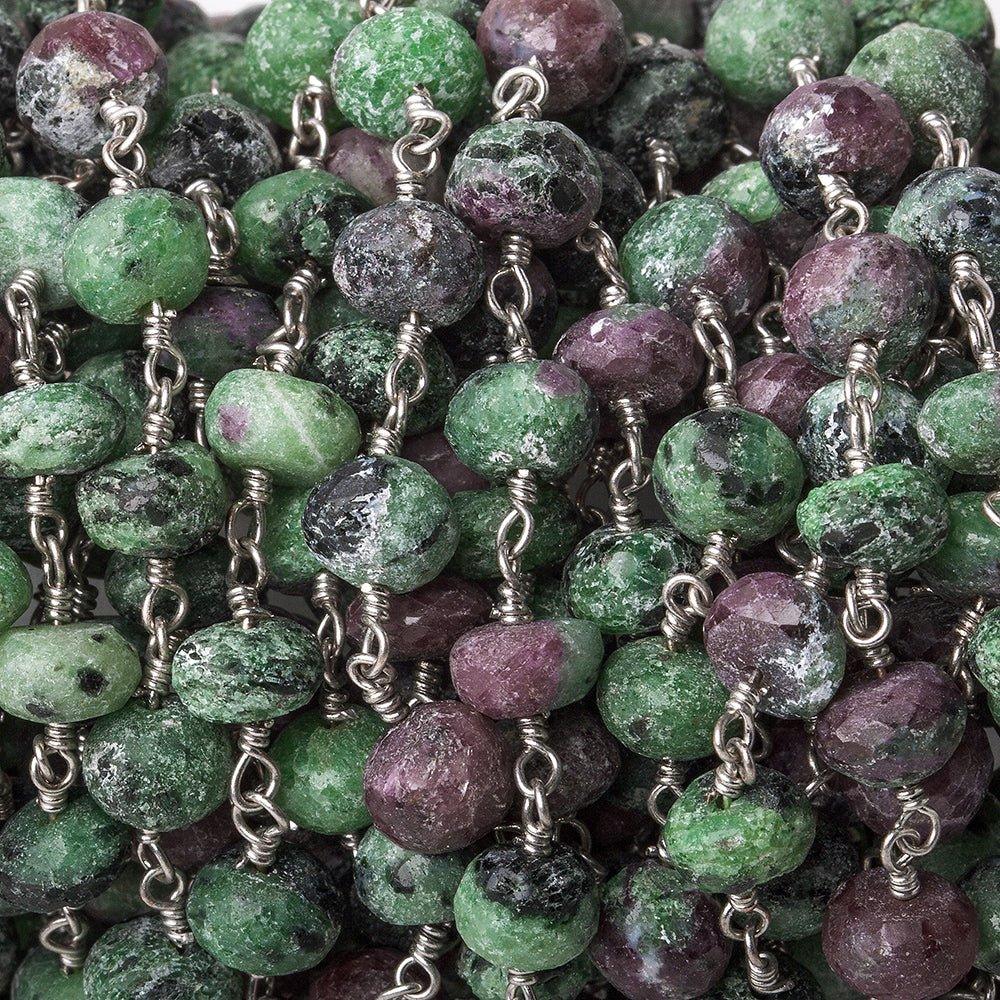 6.5mm Matte Ruby in Zoisite faceted rondelle Silver Chain by the foot 29 pieces - The Bead Traders