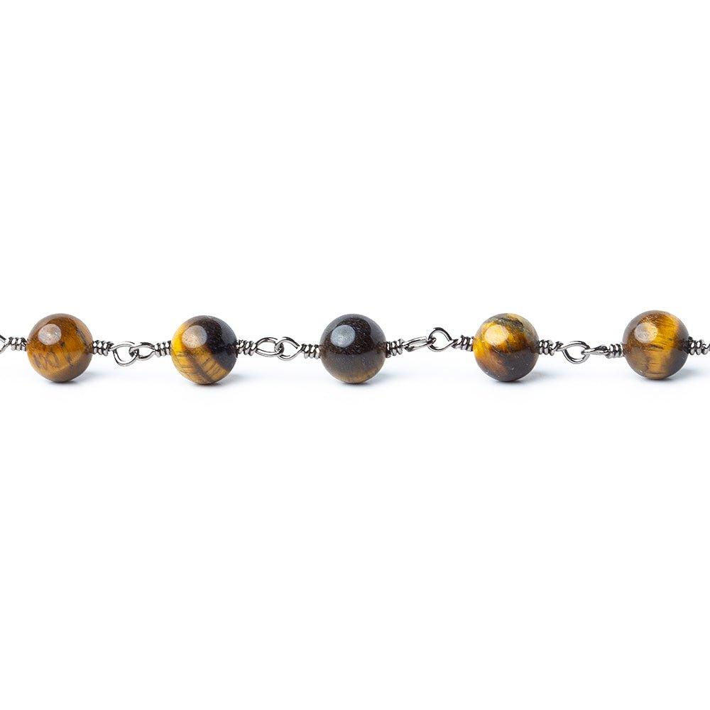 6.5mm Tiger's Eye plain round Black Gold plated Chain by the foot 24 pieces - The Bead Traders