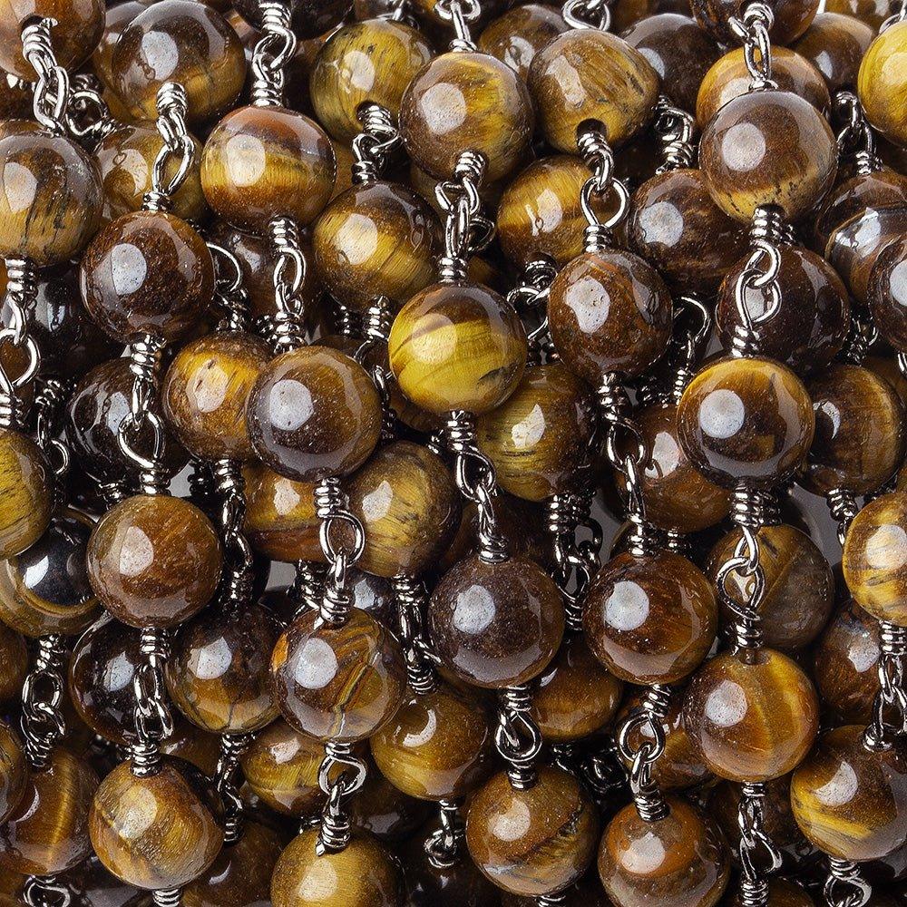 6.5mm Tiger's Eye plain round Black Gold plated Chain by the foot 24 pieces - The Bead Traders