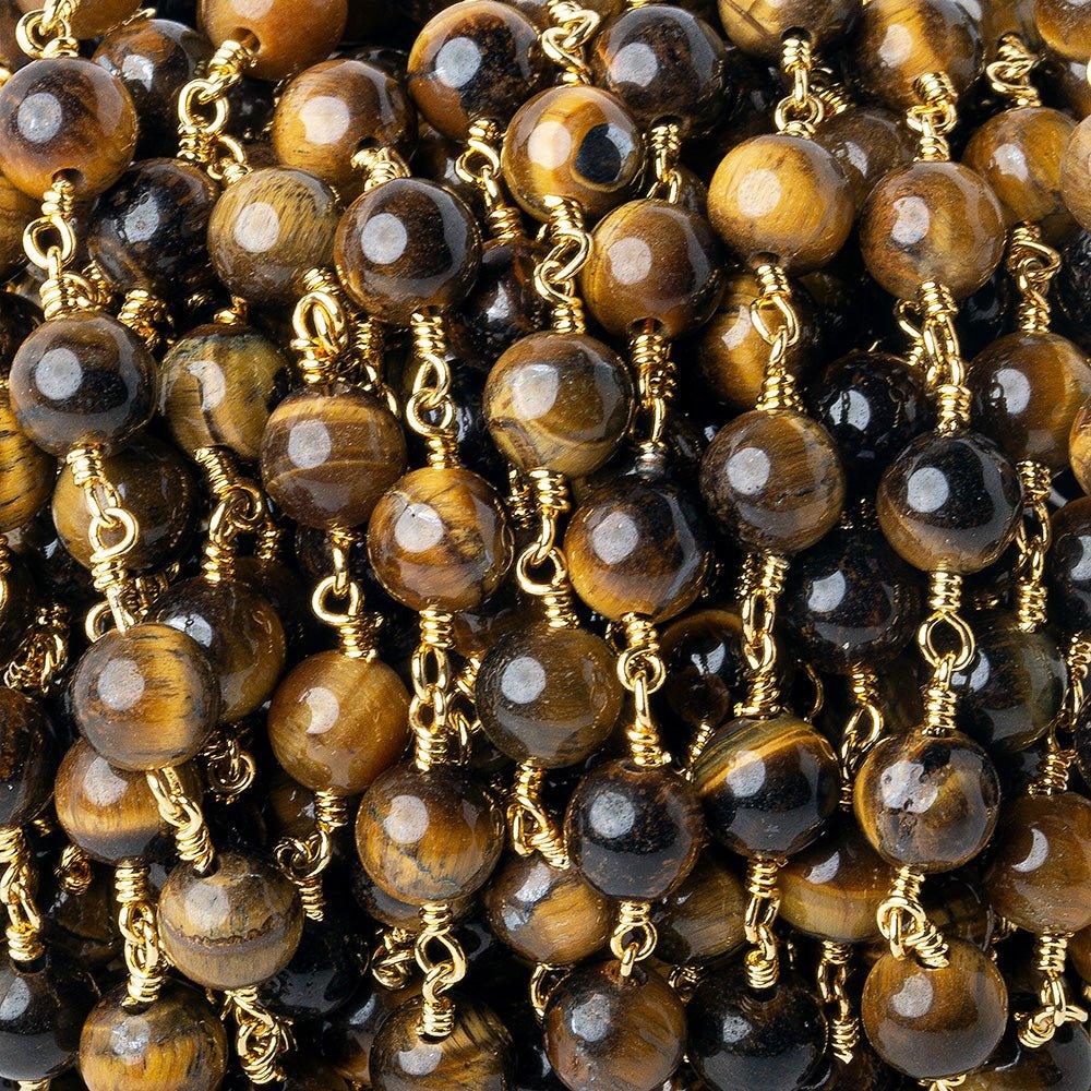 6.5mm Tiger's Eye plain round Gold plated Chain by the foot 24 pieces - The Bead Traders