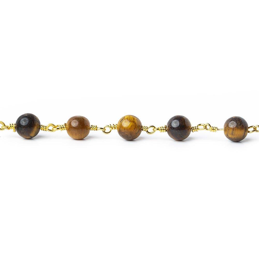 6.5mm Tiger's Eye plain round Gold plated Chain by the foot 24 pieces - The Bead Traders