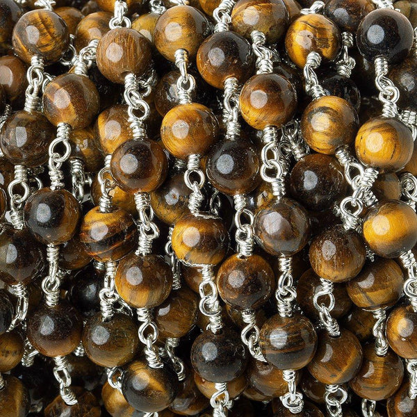 6.5mm Tiger's Eye Plain Round Silver Chain 24 beads