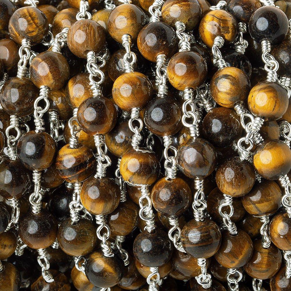 6.5mm Tiger's Eye plain round Silver plated Chain by the foot 24 pieces - The Bead Traders