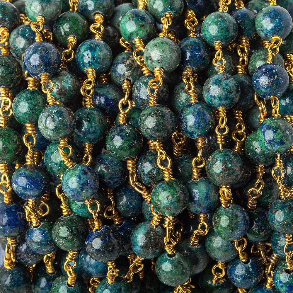 6.7mm Chrysocolla in Lapis Lazuli Plain Round Gold plated Chain by the foot 23 pieces - The Bead Traders