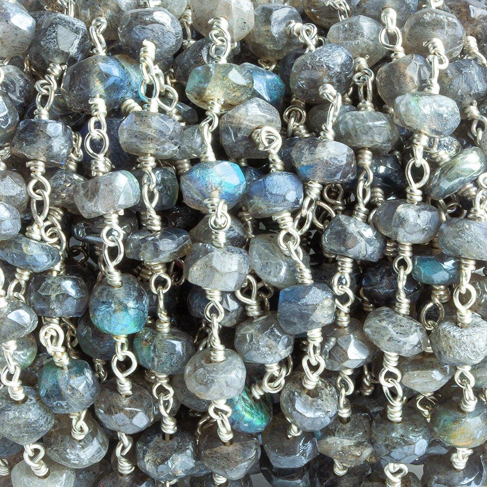 6mm-7mm Mystic Labradorite Faceted Rondelle Silver Chain by the Foot 27 pieces - The Bead Traders